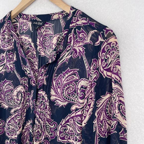 LUCKY BRAND Top Womens M Paisley Popover Chiffon Tunic Blouse Pullover Purple - Picture 3 of 12